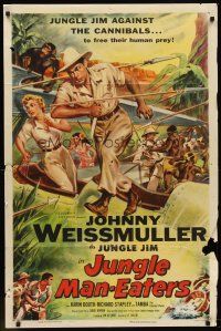6p478 JUNGLE MAN-EATERS 1sh '54 cool art of Johnny Weissmuller as Jungle Jim fighting cannibals!