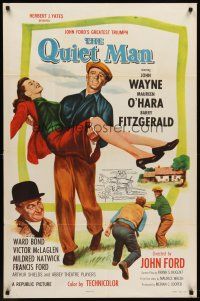 6p703 QUIET MAN 1sh R57 great image of John Wayne carrying Maureen O'Hara, John Ford