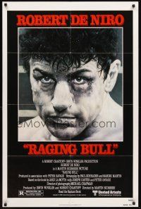 6p705 RAGING BULL 1sh '80 classic close up boxing image of Robert De Niro, Martin Scorsese