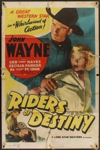 6p730 RIDERS OF DESTINY 1sh R47 John Wayne in a whirlwind of action, Cecilia Parker!
