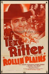6p743 ROLLIN' PLAINS 1sh '38 cowboy Tex Ritter & his horse White Flash in western action!