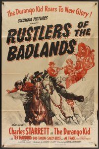 6p751 RUSTLERS OF THE BAD LANDS 1sh '44 Charles Starrett, Tex Harding, Dub Taylor, cool cowboy art!