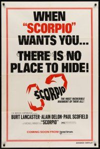 6p770 SCORPIO advance 1sh '73 Burt Lancaster, Alain Delon, the most incredible manhunt of all time!