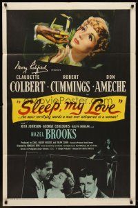 6p809 SLEEP MY LOVE 1sh '47 cool art of Claudette Colbert in glass, Robert Cummings, Don Ameche
