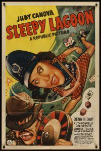 6p812 SLEEPY LAGOON 1sh '43 wacky art of Judy Canova slugging crooked gambler with billy club!