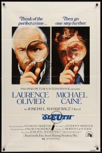 6p813 SLEUTH 1sh '72 close-ups of Laurence Olivier & Michael Caine with magnifying glasses!