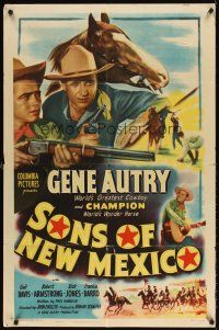 6p828 SONS OF NEW MEXICO 1sh '49 cool close up of Gene Autry with gun standing by Champion!