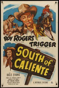 6p831 SOUTH OF CALIENTE 1sh '51 cool art of Roy Rogers riding Trigger and sexy Dale Evans!