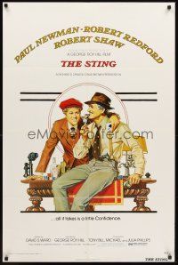 6p857 STING 1sh '74 best artwork of con men Paul Newman & Robert Redford by Richard Amsel!