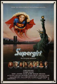 6p868 SUPERGIRL 1sh '84 super Helen Slater in costume flying over Statue of Liberty!