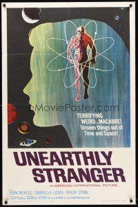 6p947 UNEARTHLY STRANGER 1sh '64 cool art of weird macabre unseen thing out of time & space!