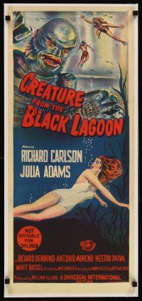 6s195 CREATURE FROM THE BLACK LAGOON linen Aust daybill '54 stone litho of monster & sexy girl!