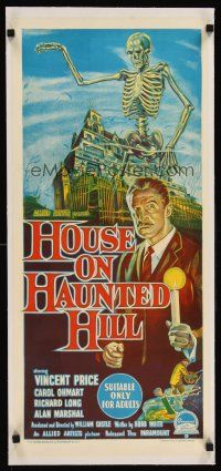 6s200 HOUSE ON HAUNTED HILL linen Aust daybill '59 stone litho of Vincent Price & skeleton!