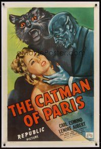 6s020 CATMAN OF PARIS linen 1sh '46 really cool horror art of feline monster attacking sexy girl!