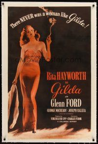 6s043 GILDA linen 1sh R50 classic full-length image of sexy smoking Rita Hayworth in sheath dress!