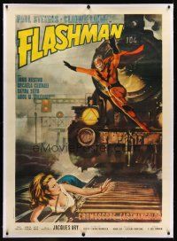 6s274 FLASHMAN linen Italian 1p '67 art of wacky Italian superhero saving sexy girl on train tracks!