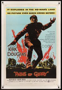 6s088 PATHS OF GLORY linen 1sh '58 Stanley Kubrick, great artwork of Kirk Douglas in WWI!