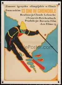 6s167 GRENOBLE linen Polish 23x33 '70 Guy Gilles & Claude Lelouch, Mojinski Olympic skiing art!