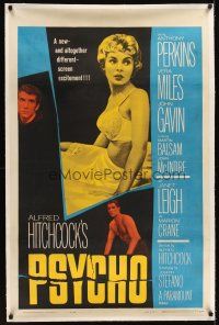 6s093 PSYCHO linen 1sh '60 sexy half-dressed Janet Leigh, Anthony Perkins, Alfred Hitchcock