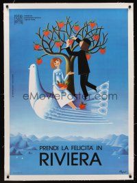 6s217 PRENDI LA FELICITA IN RIVIERA linen Italian travel poster '50s art by Peynet & Perfetto!