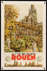 6s219 ROUEN linen French travel poster '30s artwork of the capital city of Normandy by Monsnergue!