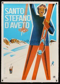 6s220 SANTO STEFANO D'AVETO linen Italian travel poster '50s cool female skiing art by Mario Puppo!