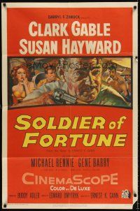 6t082 SOLDIER OF FORTUNE 1sh '55 art of Clark Gable shooting gun, plus sexy Susan Hayward!
