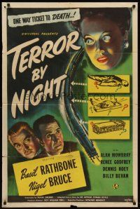 6t090 TERROR BY NIGHT 1sh '46 Basil Rathbone is Sherlock Holmes, Nigel Bruce as Watson, train art!