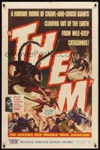 6t091 THEM 1sh '54 classic sci-fi, cool art of horror horde of giant bugs terrorizing people!