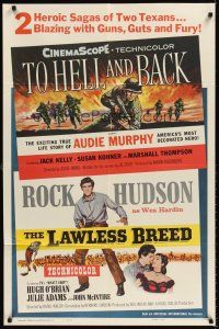 6t097 TO HELL & BACK/LAWLESS BREED 1sh '60 Texans Audie Murphy & Rock Hudson double-bill!