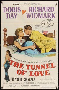 6t098 TUNNEL OF LOVE 1sh '58 romantic art of Doris Day & Richard Widmark kissing + sexy Gia Scala!