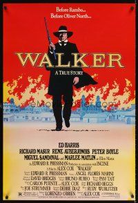 6t236 WALKER 1sh '87 great artwork of Ed Harris walking away from burning city!