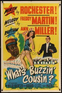 6t103 WHAT'S BUZZIN' COUSIN 1sh '43 sexy patriotic Ann Miller, Rochester & Freddy Martin!