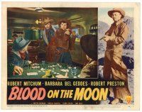 6x228 BLOOD ON THE MOON LC #4 '49 Robert Mitchum breaks up crooked poker game with his gun!