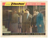6x422 I CONFESS LC #4 '53 Alfred Hitchcock, priest Montgomery Clift & Karl Malden by man firing gun!