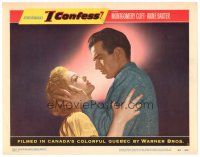 6x421 I CONFESS LC #5 '53 Alfred Hitchcock, best close up of priest Montgomery Clift & Anne Baxter!