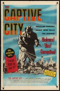 6y141 CAPTIVE CITY 1sh '52 cool art of gangster controlling city, film noir!