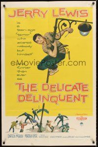 6y208 DELICATE DELINQUENT 1sh '57 wacky teen-age terror Jerry Lewis hanging from light post!