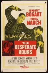 6y212 DESPERATE HOURS 1sh '55 Humphrey Bogart attacks Fredric March from behind, William Wyler