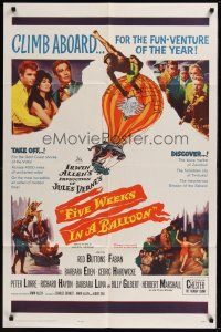 6y294 FIVE WEEKS IN A BALLOON 1sh '62 Jules Verne, Red Buttons, Fabian, Barbara Eden, climb aboard!