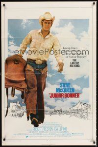 6y467 JUNIOR BONNER 1sh '72 full-length rodeo cowboy Steve McQueen carrying saddle!