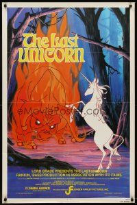 6y493 LAST UNICORN 1sh '82 cool fantasy artwork of unicorn & giant flaming bull!