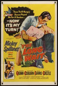 6y514 LONG WAIT 1sh '54 Mickey Spillane, art of Anthony Quinn holding sexy girl with gun!