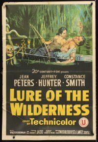 6y528 LURE OF THE WILDERNESS 1sh '52 art of sexy Jean Peters holding wounded Jeff Hunter in swamp!