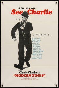 6y574 MODERN TIMES 1sh R72 great image of Charlie Chaplin running with gears in background!