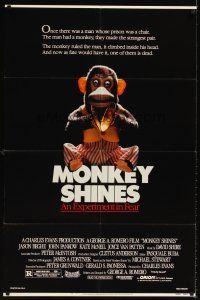 6y579 MONKEY SHINES 1sh '88 George Romero directed, art of really creepy monkey w/needle!