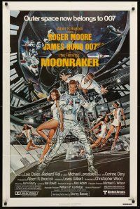 6y583 MOONRAKER 1sh '79 art of Roger Moore as James Bond & sexy babes by Gouzee!