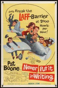 6y613 NEVER PUT IT IN WRITING 1sh '64 wacky art of Pat Boone & airplane!