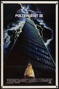 6y683 POLTERGEIST 3 1sh '88 great image of little girl in front of skyscraper in storm!