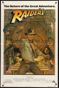 6y709 RAIDERS OF THE LOST ARK 1sh R82 great art of adventurer Harrison Ford by Richard Amsel!